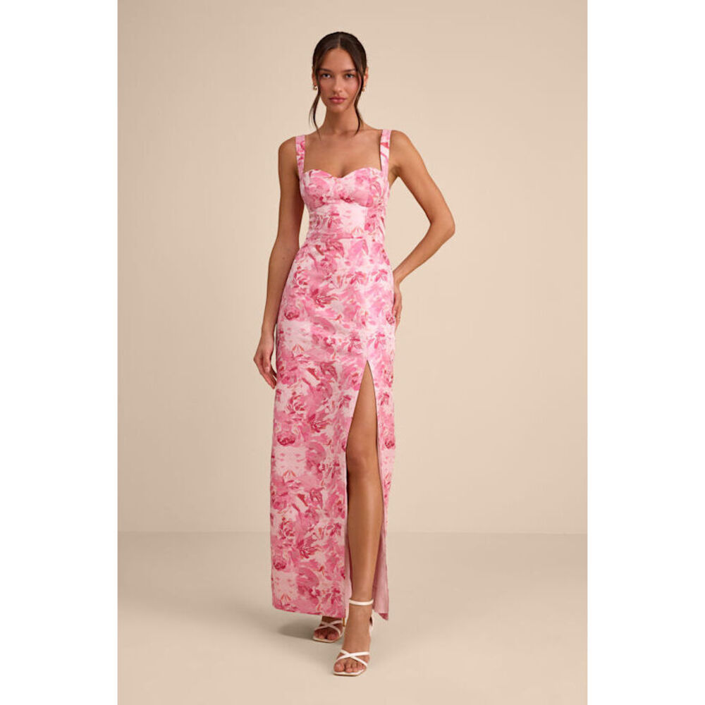 Lulus Demina Light Pink Floral Jacquard Bustier Maxi Dress - Size M